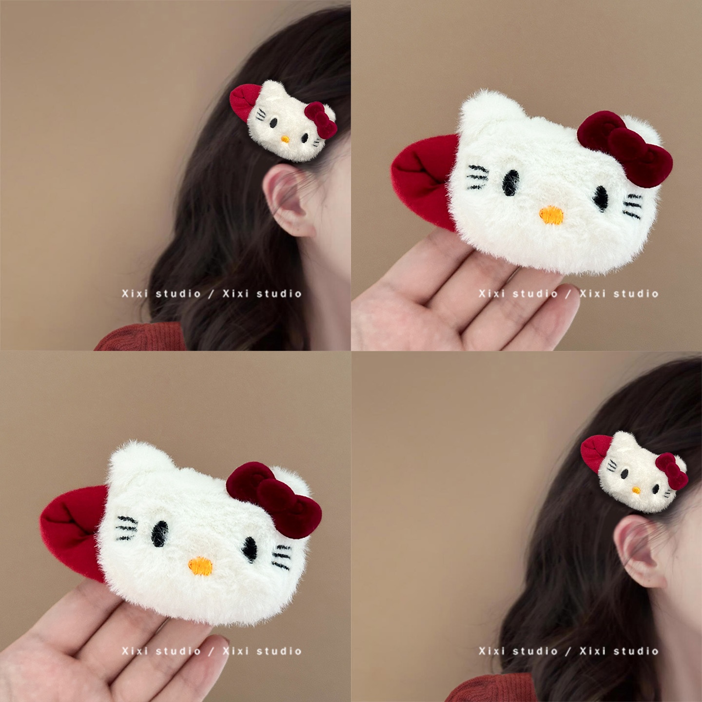 红色kt猫毛绒发夹蝴蝶结碎发整理