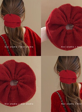 韩系红色双层针织毛线大肠发圈扎发裙摆发绳大号皮筋新品新年发饰