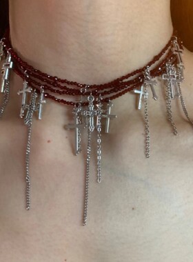 盛放与枯萎 自制小众十字架流苏choker高级感颈链辣妹配饰2025潮