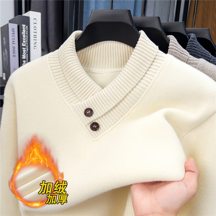 保罗男士加绒毛衣冬季中青年时尚休闲加厚雪貂一体绒针织打底衫