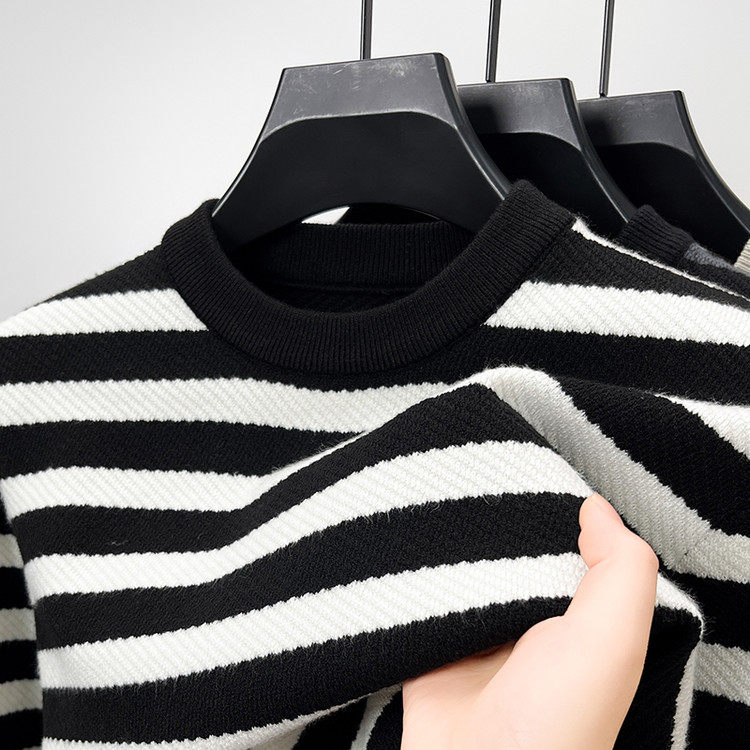 秋冬新款复古撞色黑白条纹针织衫男上衣潮流拼色修身圆领毛衣男款,男装,针织衫/毛衣,淘宝优惠券,粉丝福利购,淘宝优惠卷