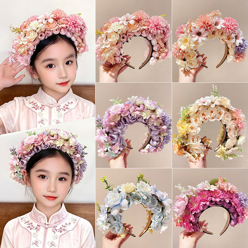 儿童簪花绢花发箍高级感女童泉州民族风花环头饰汉服头箍拍照道具