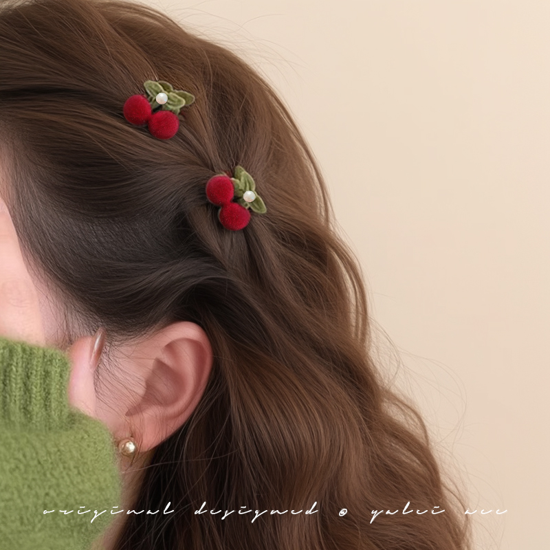 丝绒红色樱桃侧边发夹前额小夹子