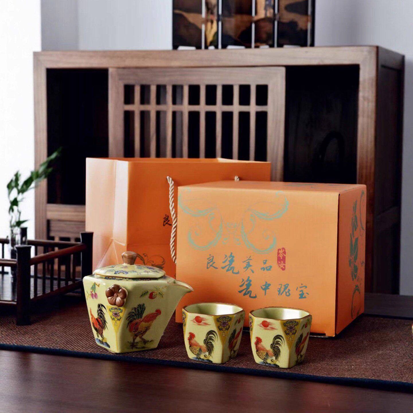 汝窑一壶两杯套装复古金鸡八方壶茶壶茶具功夫茶杯商务伴手礼礼a6