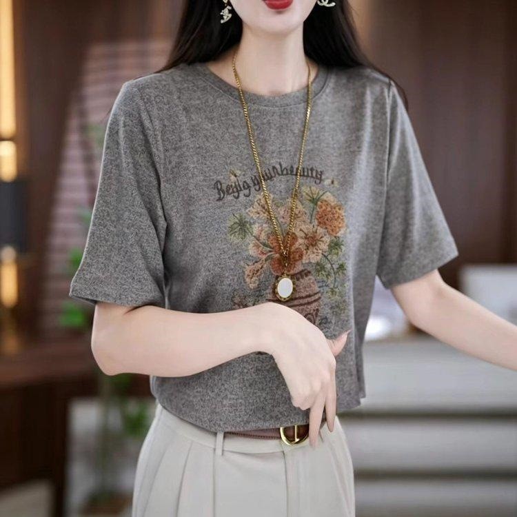 中老年女士宽松舒适灰色印花T恤夏季薄款短袖上衣简约百搭时尚a8