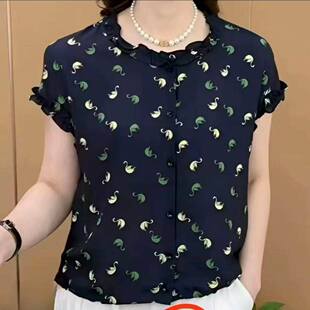 女士圆领套头短袖 花边领印花小衫 百搭休闲上a4 2026新款 @哲算女装