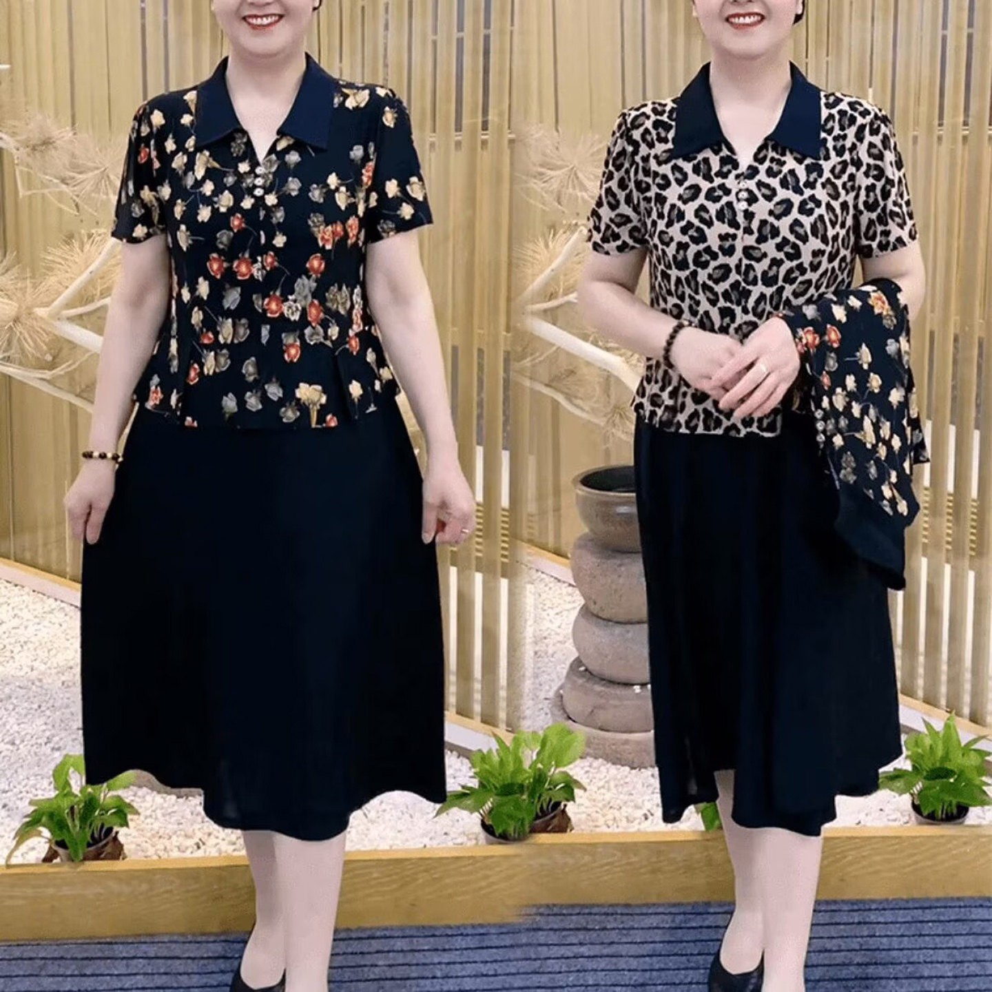 叙蓝女装翻领拼接印花连衣裙夏季女士气质显瘦中长裙洋气减龄裙a7