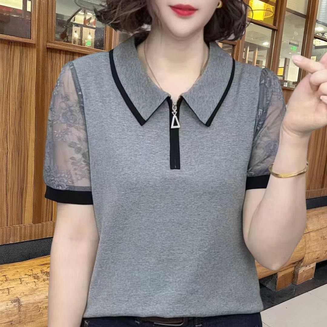 夏季新款蕾丝拼接翻领上衣设计感百搭显瘦休闲短袖T恤女a3