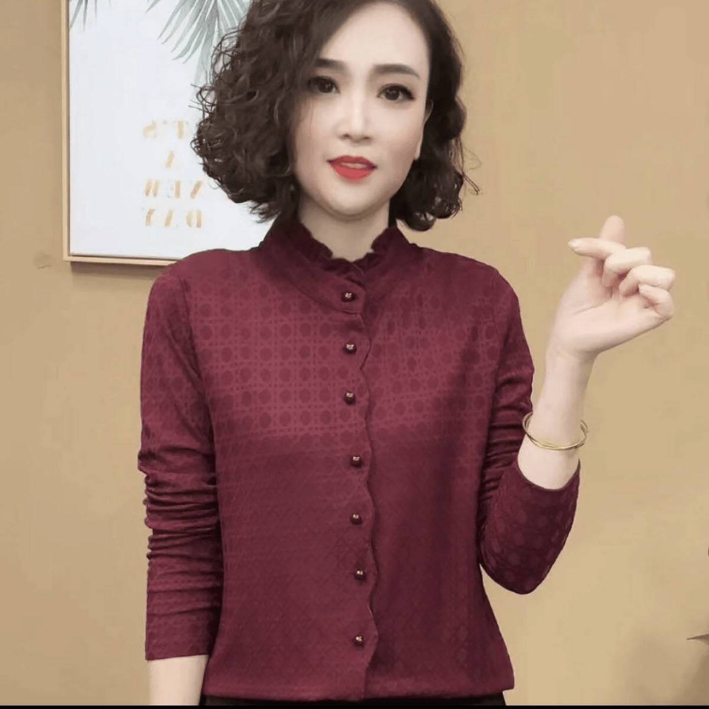 庐江鑫立女装棉麻木耳边长袖衬衫女士套头加绒打底衫秋冬保暖上a2