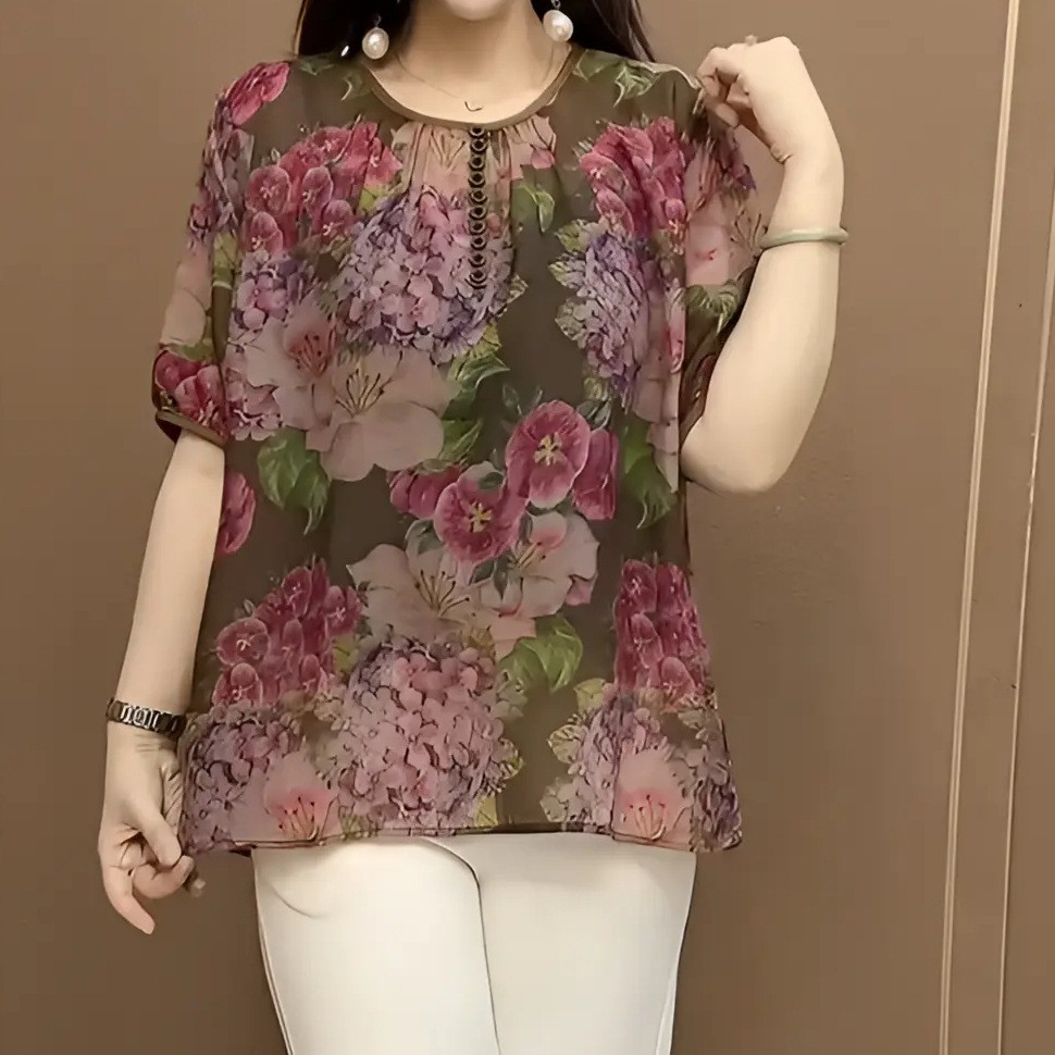 夏款时尚百搭妈妈装防晒衣2025新款宽松休闲印花中老年女装雪纺a3