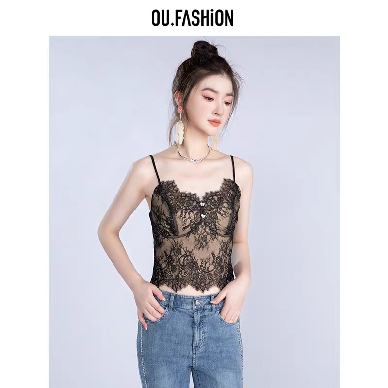 OU.FASHION/欧点性感内外穿皆宜蕾丝吊带背心6012320067