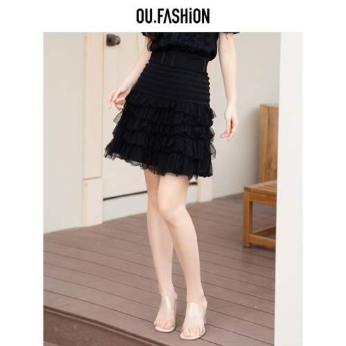 OU.FASHION/欧点高腰显瘦网纱蛋糕裙a字半身裙短裙6112310035