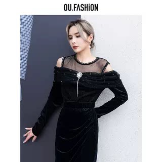 欧点设计感精美丝绒长袖上衣