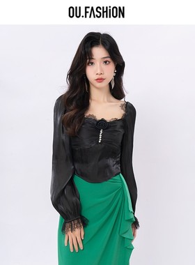 OU.FASHION/欧点法式方领优雅气质长袖上衣6032330028