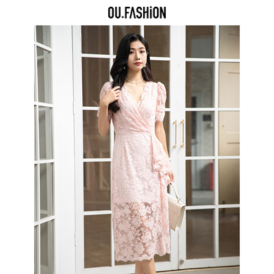 欧点交叉领荷叶边气质蕾丝连衣裙