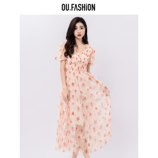 OU.FASHION/欧点网纱碎花连衣裙法式收腰V领蕾丝长裙6122320096
