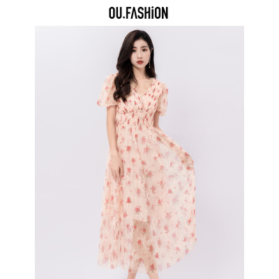 OU.FASHION/欧点网纱碎花连衣裙法式收腰V领蕾丝长裙6122320096