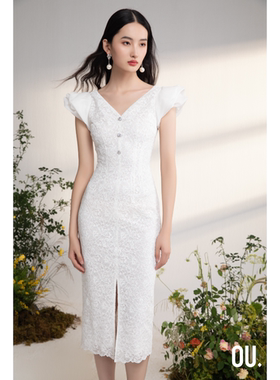 OU./欧点V领蕾丝修身气质连衣裙1122320597