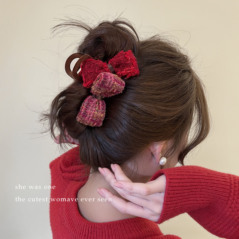 新年红！毛绒蝴蝶结抓夹