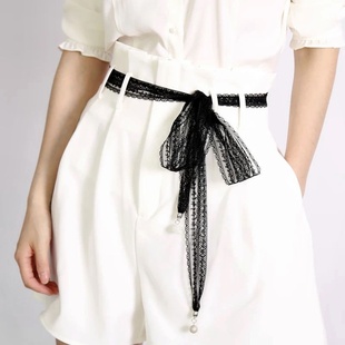 沙巾女丝夏天春夏季黑白色细长条蕾丝小丝巾装饰锁骨丝带百搭颈链