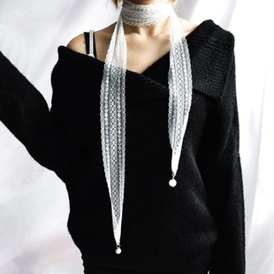 沙巾女丝夏天春夏季黑白色细长条蕾丝小丝巾装饰锁骨丝带百搭颈链