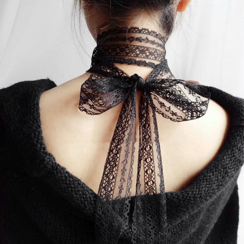 沙巾女丝夏天春夏季黑白色细长条蕾丝小丝巾装饰锁骨丝带百搭颈链