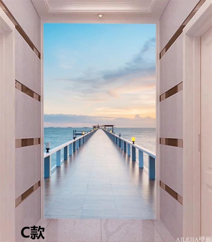 8d欧式玄关背景墙海景壁画3d立体延伸空间墙纸壁纸画过道玄关5d墙