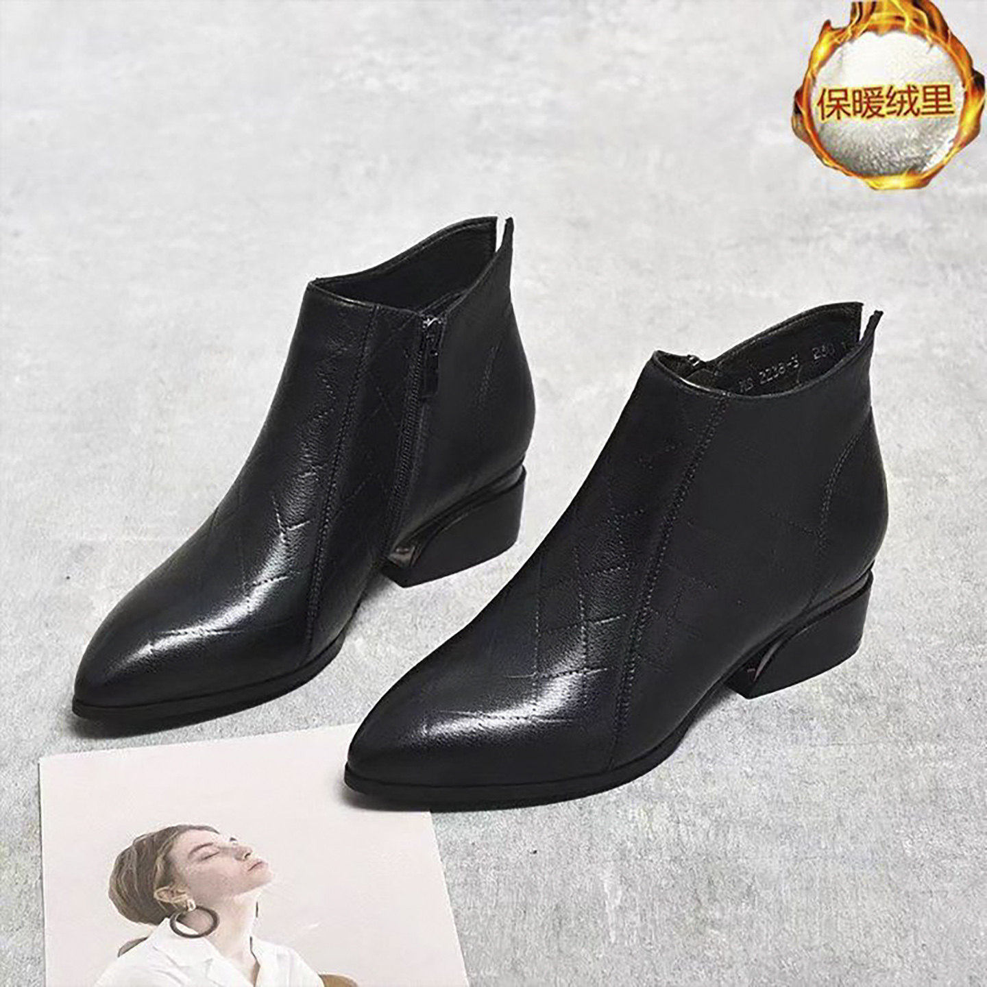 点击率甄选女鞋尖头高跟短靴冬季女士款加绒粗跟雪地靴保暖皮靴子