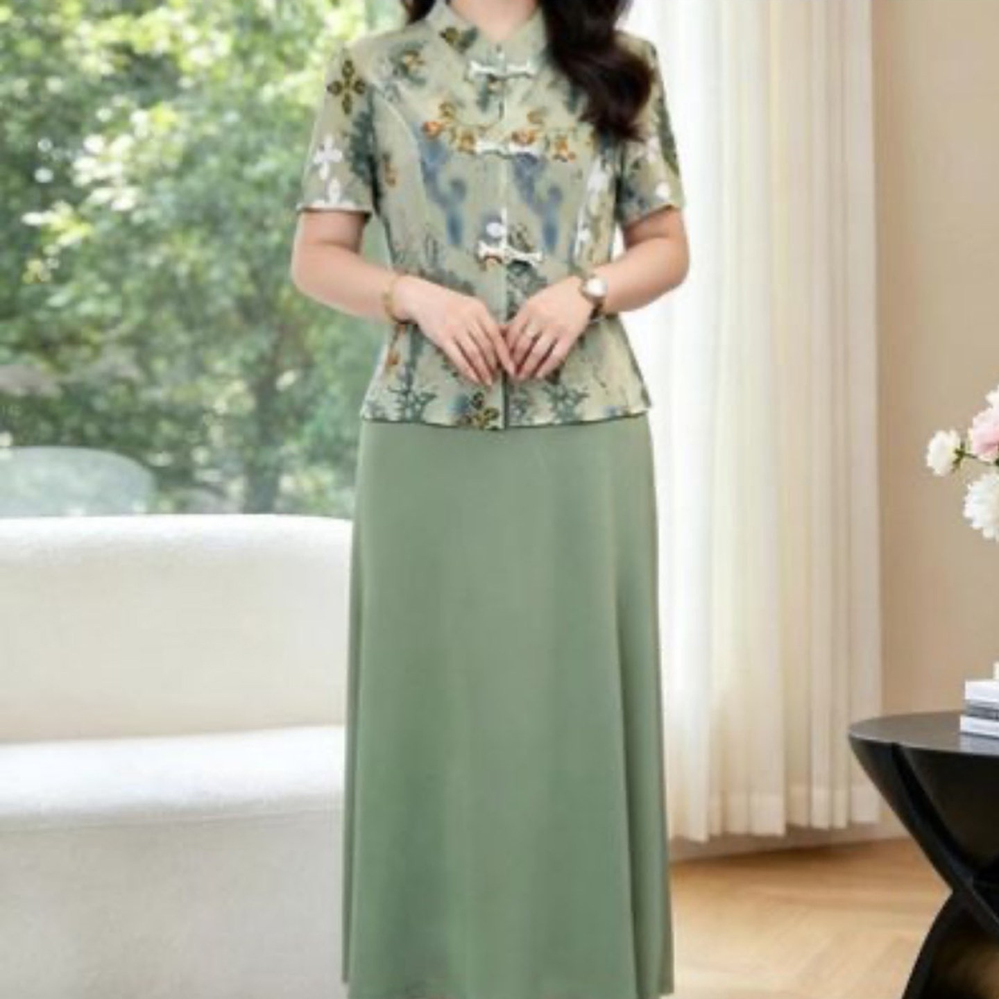 安慕精选女装盘扣旗袍连衣裙2026夏季女士假两件中长裙妈妈装裙a9