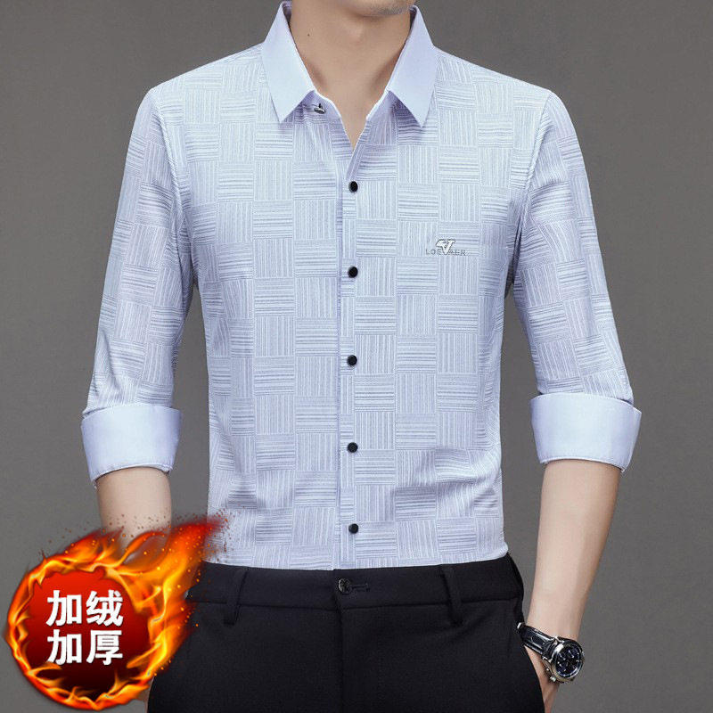 冬季新品男士加绒加厚衬衫数码印花无痕免烫高弹中年长袖衬衣男a3