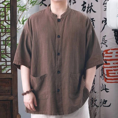 宏嫩男装夏季新款国风上衣恒清男士短袖衬衣中式复古立领休闲衬a6