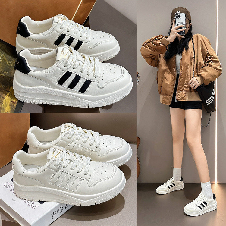 真皮三条杠小白鞋女板鞋2024春新款女鞋运动鞋三道杠低帮鞋休闲鞋