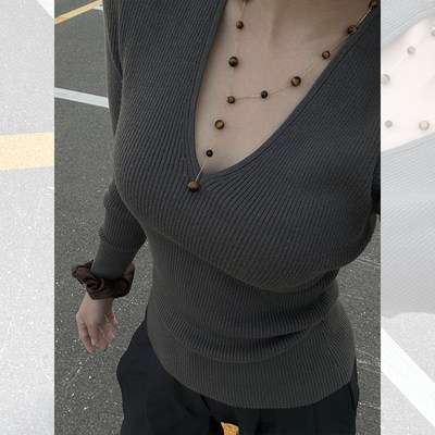 小个子气质灰色短款v领针织打底衫女秋冬内搭修身毛衣高级感上衣