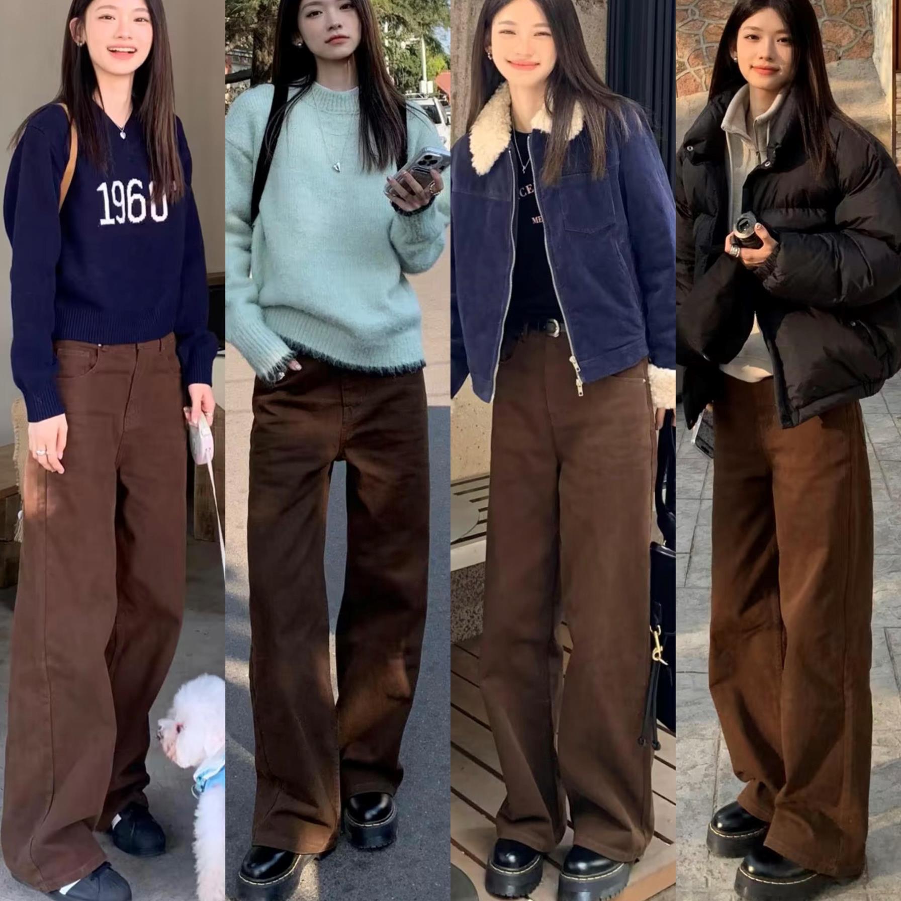 复古棕咖色直筒牛仔裤女2