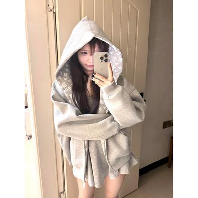 2025新款秋季开衫灰色连帽卫衣女秋冬字母印花假两件宽松外套上衣