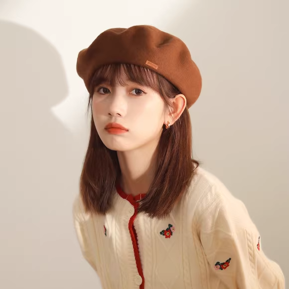 贝雷帽女生高品质羊毛韩版咖啡色蓓蕾帽子百搭文艺复古画家帽冬季