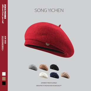 红色羊毛呢贝雷帽女秋冬2025新款韩系网红八角蓓蕾帽保暖画家帽子