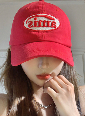 韩版红色棒球帽女春夏款休闲百搭大头围显脸小软顶鸭舌帽遮阳帽子