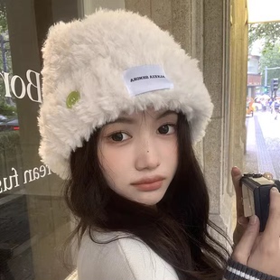 白鹿同款纽扣帽子女秋冬季毛绒帽保暖渔夫帽冷帽大头围毛线帽盆帽