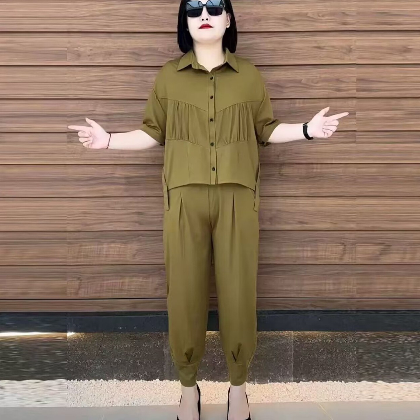 霸邦女装宽松韩版休闲套装2026夏季女士款纯色洋气显瘦短袖两件a2