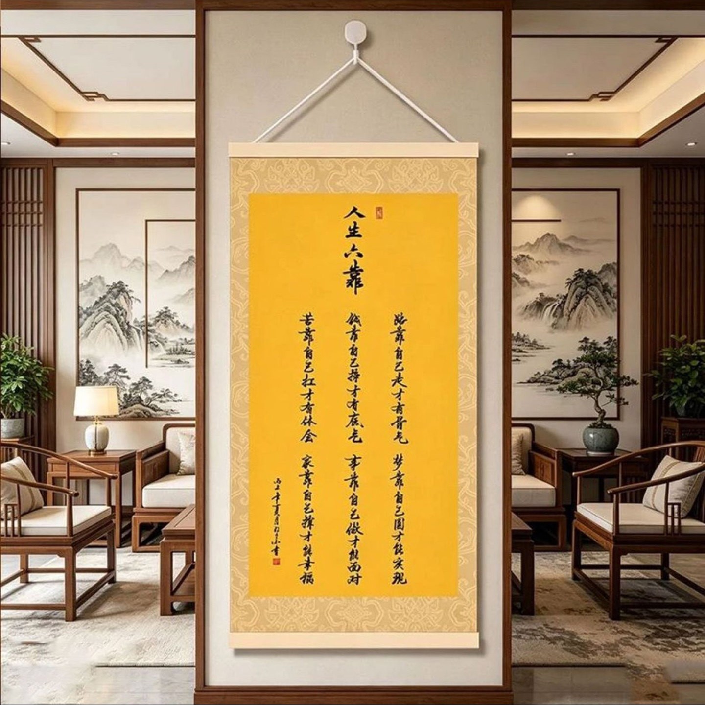 菲乐尔人生六靠字画励志书法挂画新中式背景墙壁画客厅玄关装饰a5