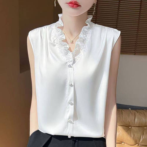 力丰源女装法式缎面花边背心女士V领荷叶边无袖衬衫百搭打底上a3