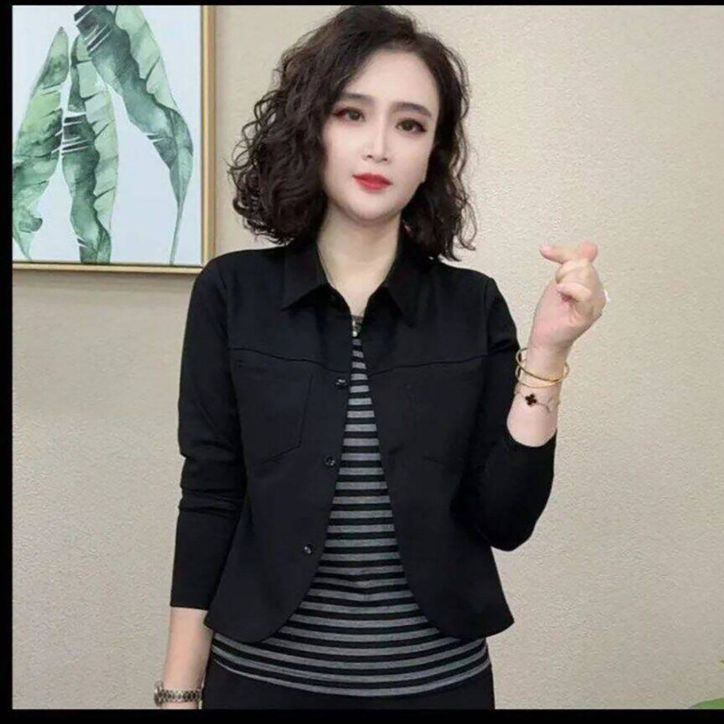 磊鼓女装2026春秋季条纹打底衫女士翻领洋气外套时尚百搭减龄上a5