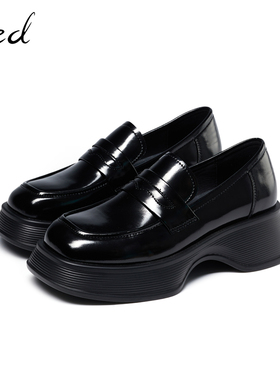 fed黑色小皮鞋女秋季新款女鞋增高时尚百搭厚底乐福鞋BWM311