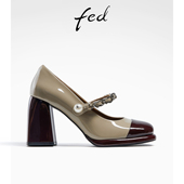 秋季 单鞋 新款 fed粗跟小皮鞋 女鞋 复古拼色玛丽珍鞋 女款 CQIQ013