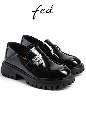 fed制服鞋秋季新款女鞋黑色真皮鞋粗跟乐福鞋单鞋女款DVS063