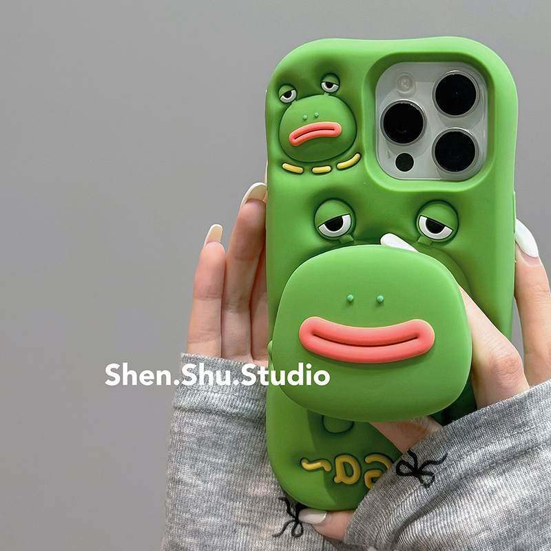 搞怪绿色无语青蛙伸缩支架手机壳