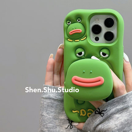 搞怪绿色无语青蛙伸缩支架适用iphone16promax手机壳苹果14新款13pro软硅胶12pro女可爱14pro全包手机套15pro