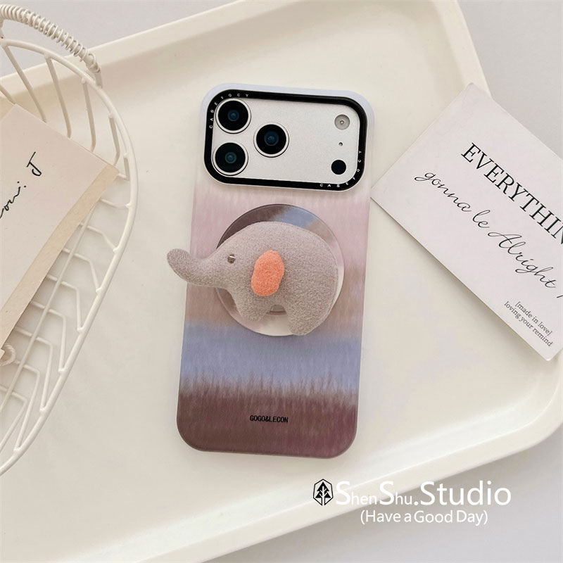 绅树 小众ins可爱毛绒大象支架条纹磁吸手机壳适用iphone17promax苹果16新款15女14/13磨砂17pro菲林硬保护套