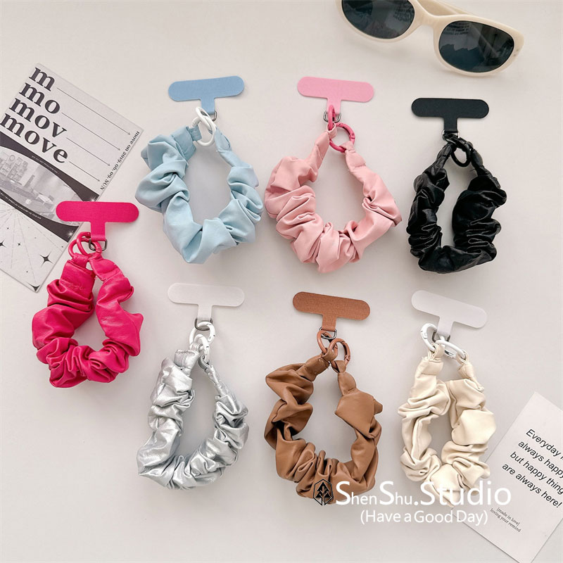 超好看皮质手机挂绳手腕挂件独特皱褶松紧弹力腕带手绳ins时尚网红挂饰高级新款链包包钥匙扣相机垫片皮绳壳